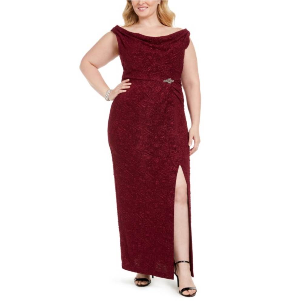 Burgundy Embellished Sleeveless Cowl Neck Full-Length Sheath Formal Dress